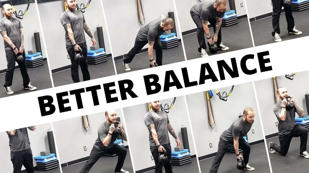 Better Balance with Kettlebell Exercise - article lead image with multiple cropped examples of the exercises described in the article.
